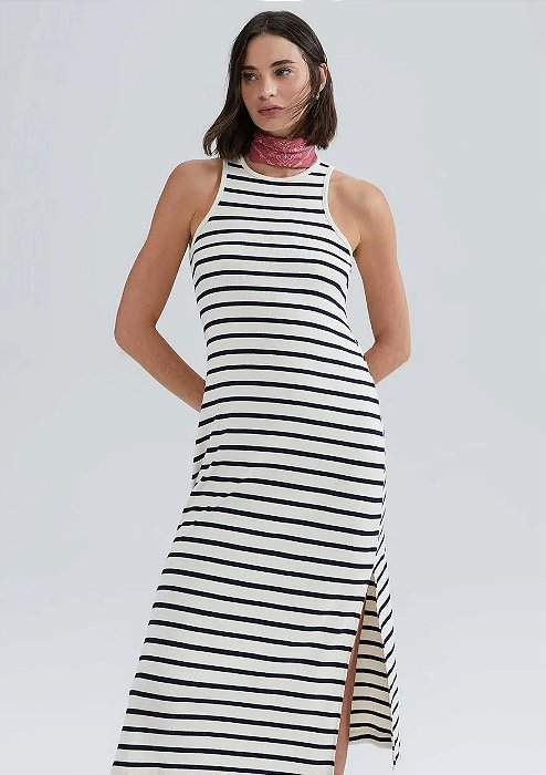 HERING VESTIDO MIDI LISTRADO COM FENDA - AZUL