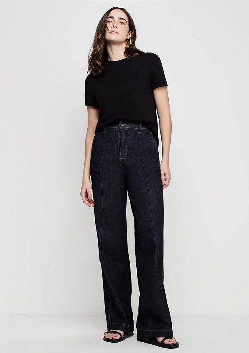 DZARM CALÇA JEANS WIDE LEG CINURA ALTA COM ELASTANO - PRETO