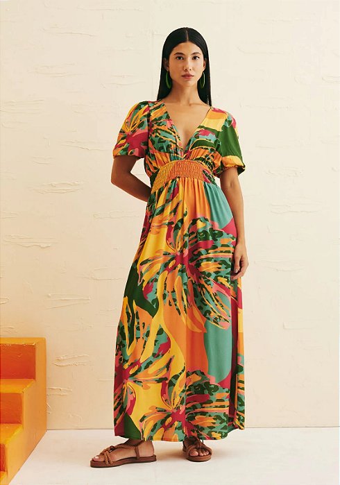 CACAY VESTIDO MIDI DECOTE PROFUNDO ESTAMPADO COSTELA MEXICANA