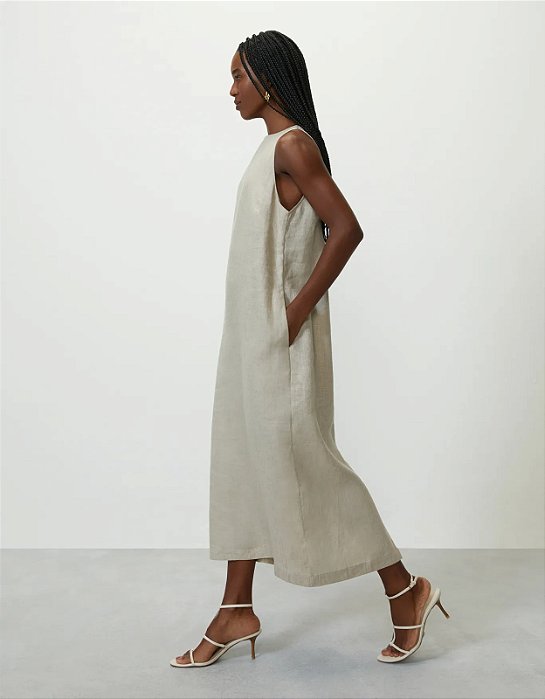 SHOULDER VESTIDO LINHO MIDI RETO NATURAL