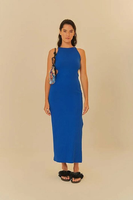 FARM VESTIDO VAZADO CINTURA RIB AZUL KRA
