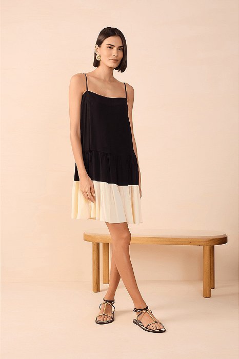 DRESS TO VESTIDO CURTO CREPE BICOLOR MARIAS PRETO/BEGE GRAO
