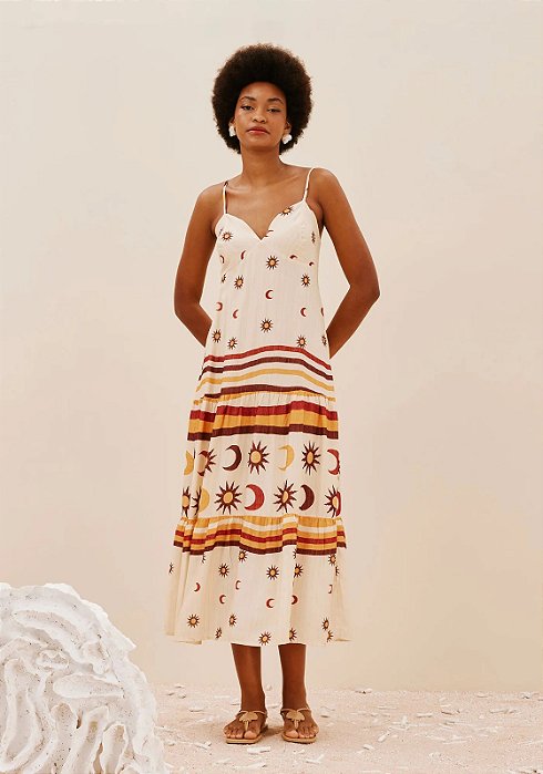 CACAY VESTIDO MIDI COM MARIA ESTAMPADO DUNAS DOURADAS
