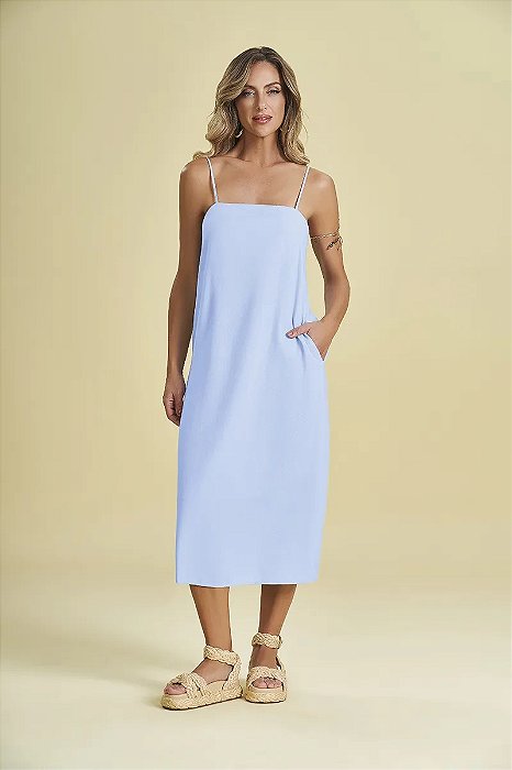 DOCE TRAMA VESTIDO MIDI ALÇA FINA EM LINEN COM BOLSOS