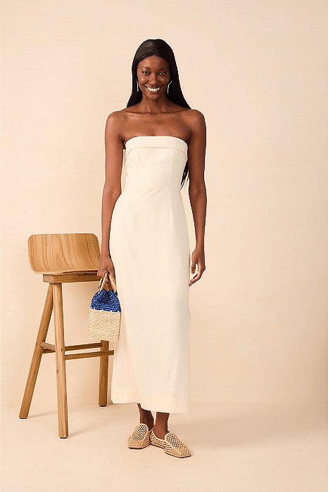 DRESS TO VESTIDO MIDI LINHO LASTEX COSTAS BEGE GRÃO