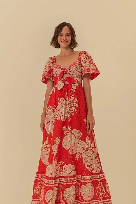 FARM VESTIDO LONGO MANGA FOLHA DE RENDA