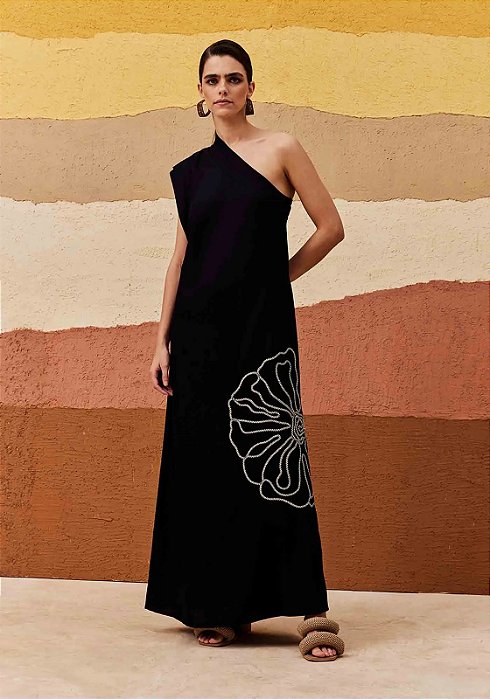 CACAY VESTIDO UM OMBRO SÓ BORDADO FOLHA FRENTE - PRETO