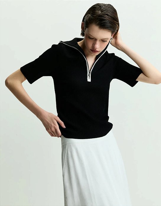 SHOULDER BLUSA TRICOT BICOLOR ZIPER  PRETO 360