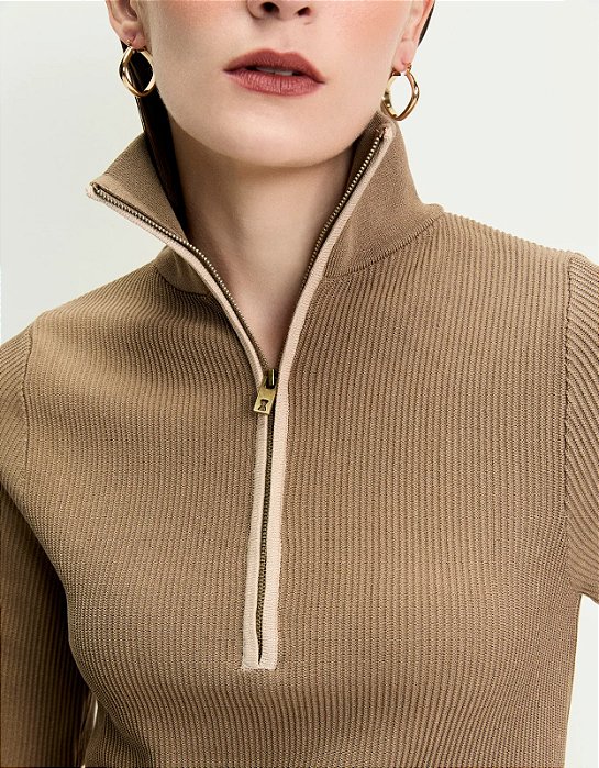 SHOULDER BLUSA TRICOT BICOLOR ZIPER  BEGE 360