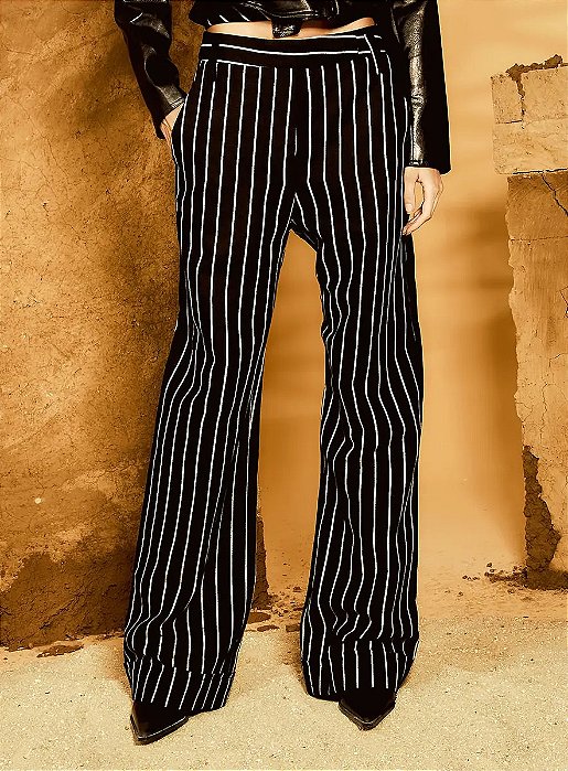 ISY CALÇA LINHO LISTRADA CONFORT - PRETO/OFF