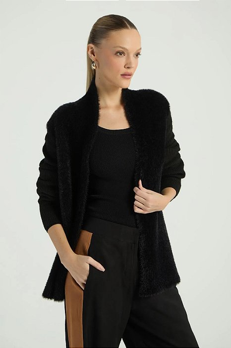 MYPLACE CARDIGAN COM TECIDO ANGORA - PRETO