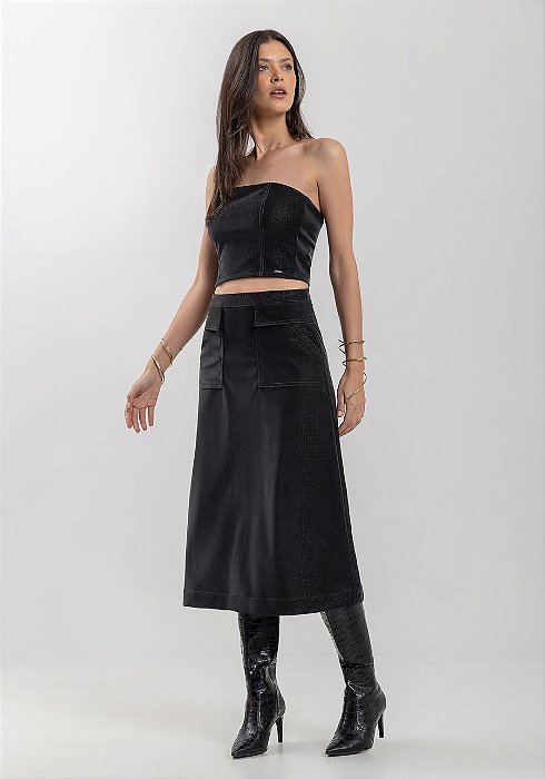 LEZ A LEZ SAIA MIDI COM BOLSOS E CINTURA MÉDIA EM MALHA LEATHER