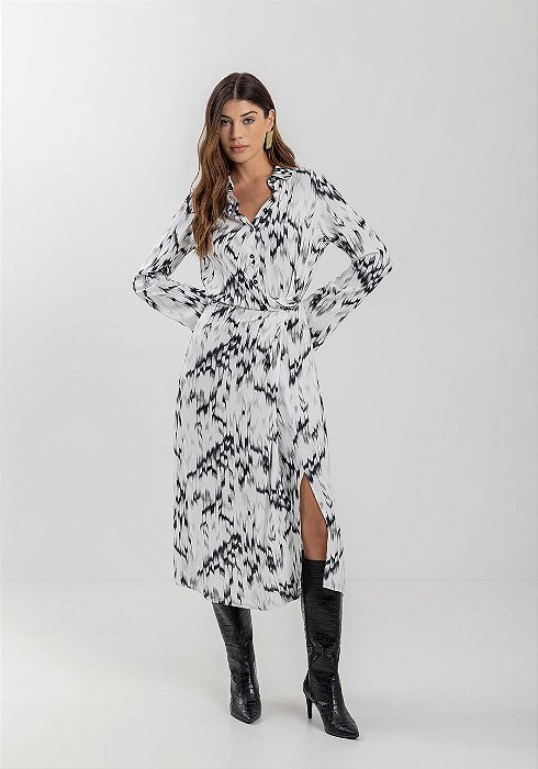 LEZ A LEZ VESTIDO MIDI ESTAMPADO FLUIDO DE MANGAS LONGAS COM ELÁSTICO