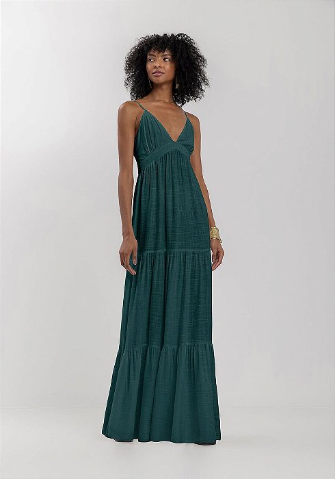 LEZ A LEZ VESTIDO LONGO FLUIDO EM VISCOSE COM DECOTE EM V E ZÍPER
