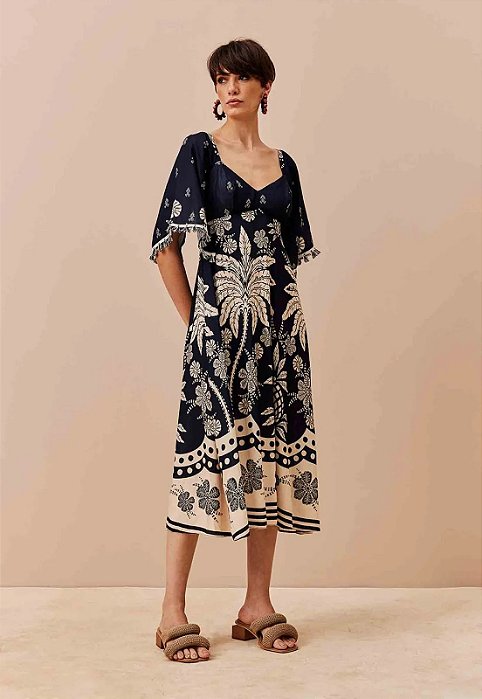 CACAY VESTIDO MIDI MANGA AMPLA ESTAMPADO ARBOL DE COCO