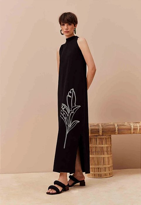 CACAY VESTIDO LONGO GOLA ALTA SILK FOLHAGEM