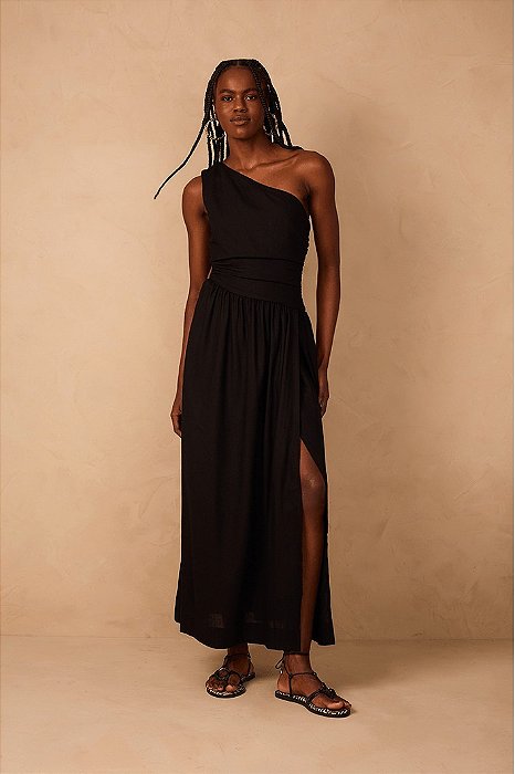 DRESS TO VESTIDO LONGO LINHO CINTURA DESLOCADA - PRETO