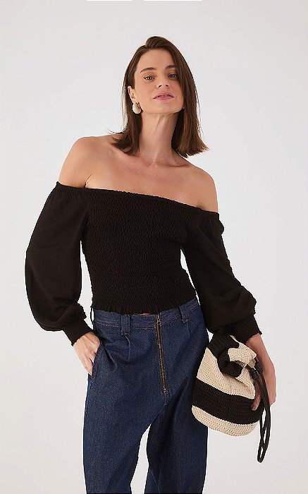 DRESS TO BLUSA TRICOT LASTEX MANGA - PRETO