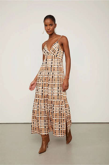 ANIMALE VESTIDO LONGO DE ALCINHA DECOTE V DE ALGODÃO ESTAMPADO