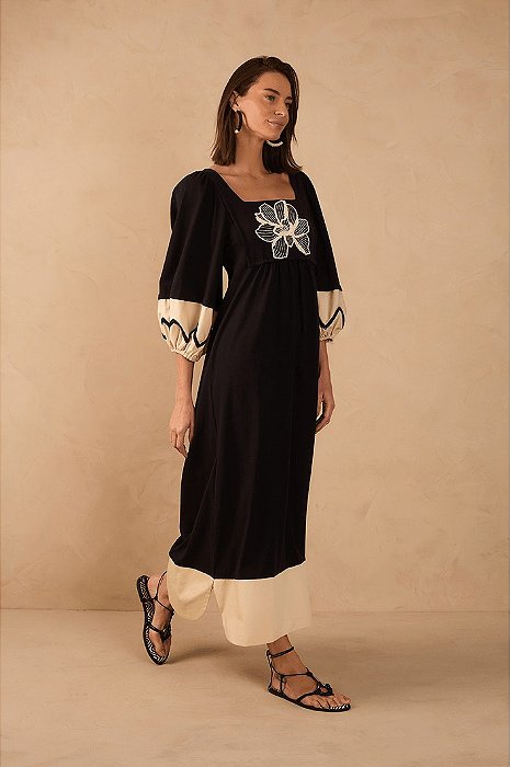 DRESS TO VESTIDO PALA BORDADO FLOR - PRETO