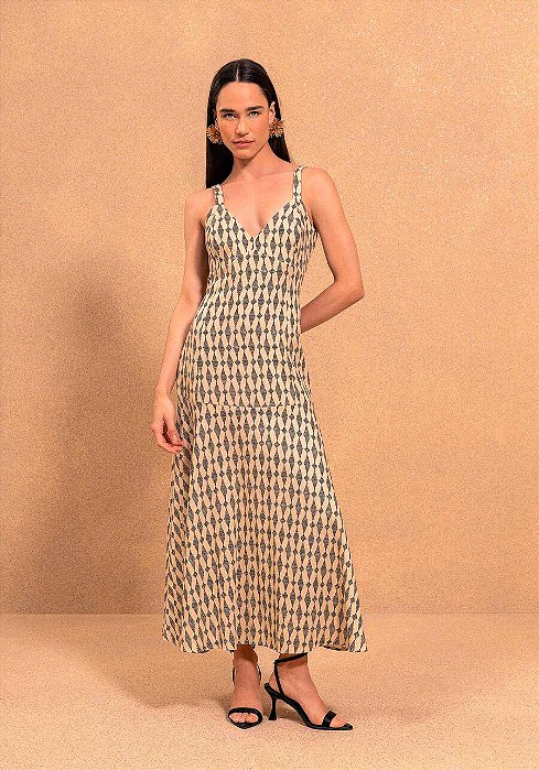 LEZ A LEZ VESTIDO ESTAMPADO DE ALÇAS CHÁ COM DECOTE EM V