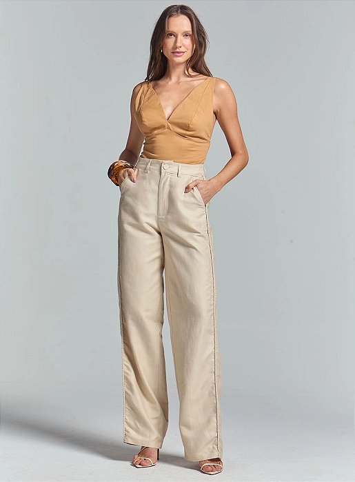 SOMMER CALÇA FEMININA RETA EM LINHO ALFAIATARIA - BEGE