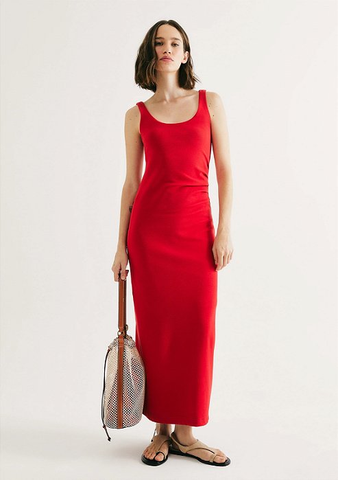 HERING VESTIDO MIDI JUSTO EM RIBANA - VERMELHO