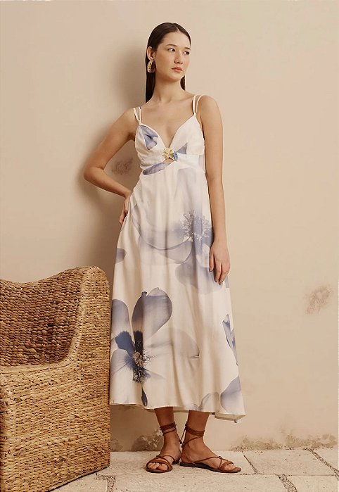 CACAY VESTIDO MIDI DETALHE FLOR DOURADO ESTAMPADO IRIS -AZUL CLARO