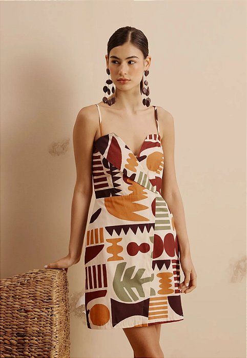 CACAY VESTIDO CURTO GOLA VIRADA ESTAMPADO RIBEIRINHA -MARROM MEDIO