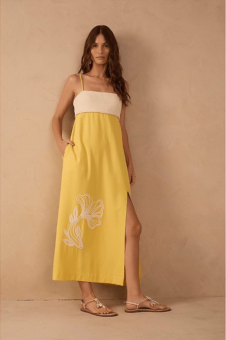 DRESS TO VESTIDO CROPPED LINHO BORDADO PEIXE - AMARELO DIA