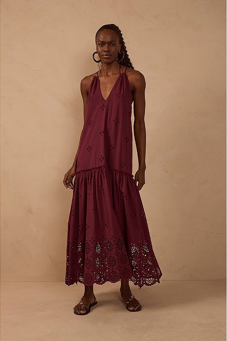 DRESS TO VESTIDO CROPPED ALGODAO BARRADO VINHO OUTONO