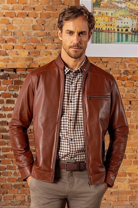 JVL 310 - JAQUETA COURO SLIM ZIPER PEITO COUNTRY CARAMELO TAM GG
