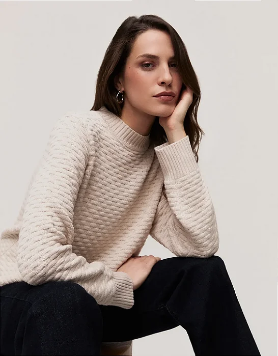 SHOULDER BLUSA TRICOT TEXTURA AREIA
