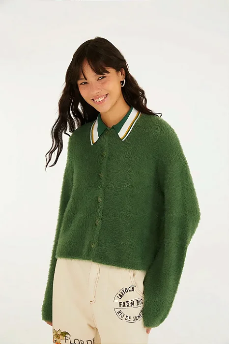 FARM CARDIGAN PELINHO TRICOT BASICO VERDE JACARE