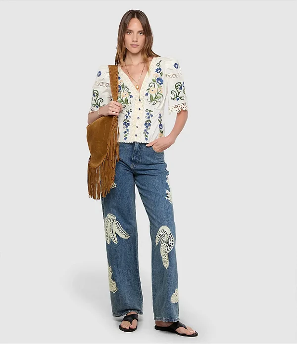 FARM CALCA JEANS BORDADO GUIPURE