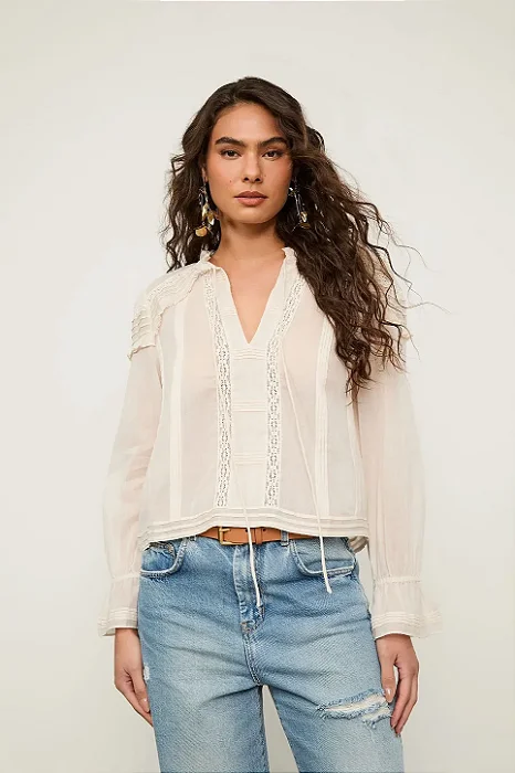 ANIMALE BLUSA DE ALGODAO MANGA LONGA DETALHE NERVURAS BEGE