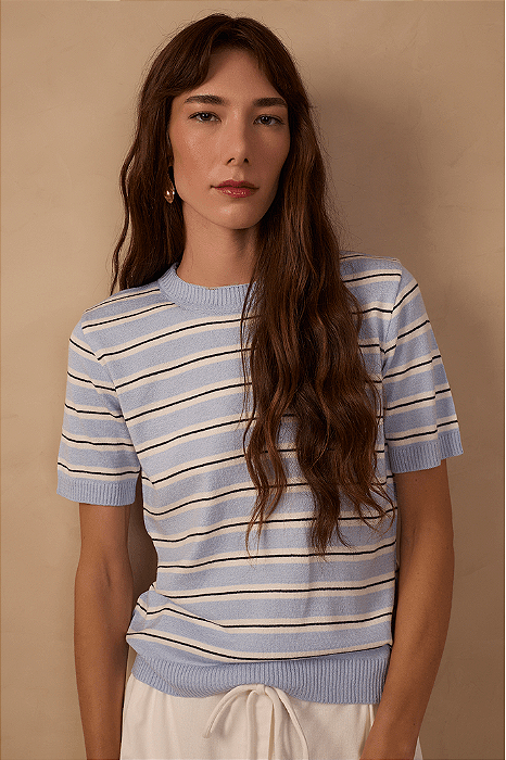 DRESS TO BLUSA TRICOT LISTRAS MANGA CURTA AZUL