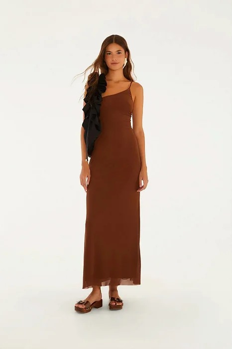 FARM VESTIDO LONGO OMBRO SO MARROM