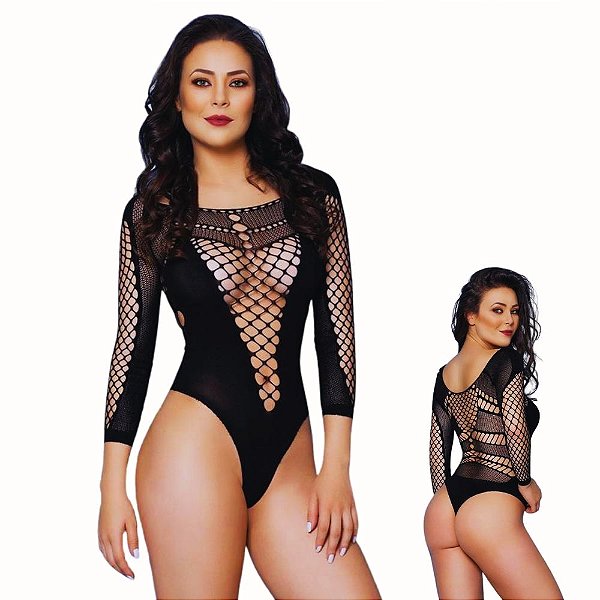 Bodystocking Preto Manga Longa com Arrastão – Charme e Estilo Sensual
