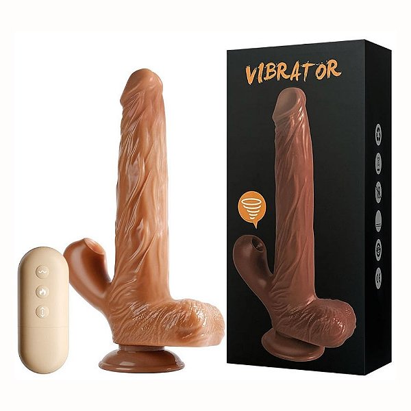 Prótese Realística Recarregável com Estimulador Clitoriano, Rotação e Controle – 12 Vibrações e 12 Ondas de Pressão