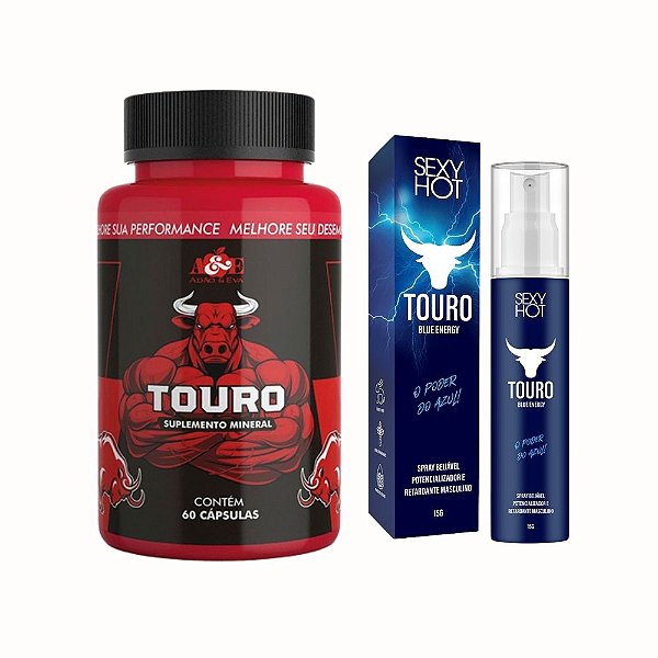 Kit Touro Potência Total – Cápsulas Estimulantes + Spray Retardante Beijável com Sabor Mentolado