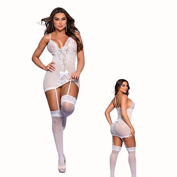 Bodystocking Branco com Renda, Cinta-Liga e Meias – Elegância e Desejo em Um Só Look