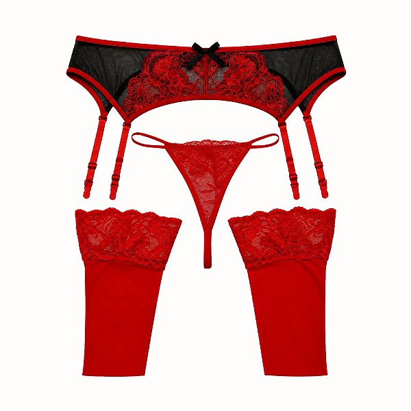 Conjunto Sensual Vermelho com Cinta-Liga em Tule Preto, Calcinha Fio e Meias 7/8