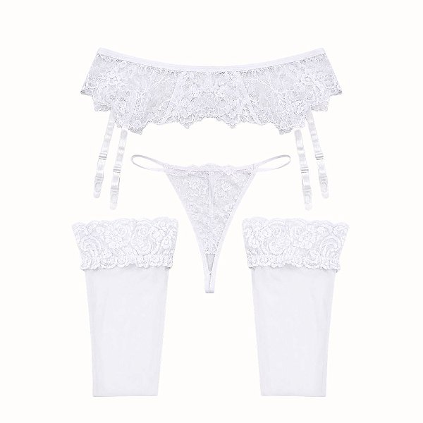 Conjunto Sensual Branco com Cinta-Liga em Renda, Calcinha Fio e Meias 7/8