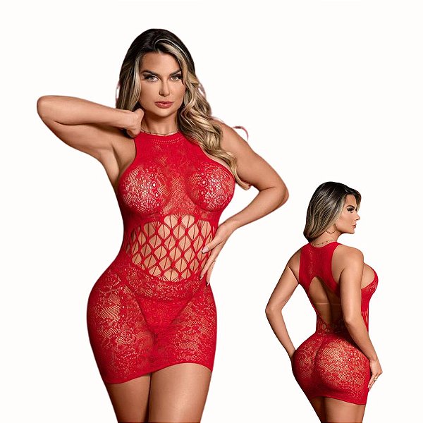 Vestido Bodystocking Rendado Vermelho com Costas Abertas + Calcinha