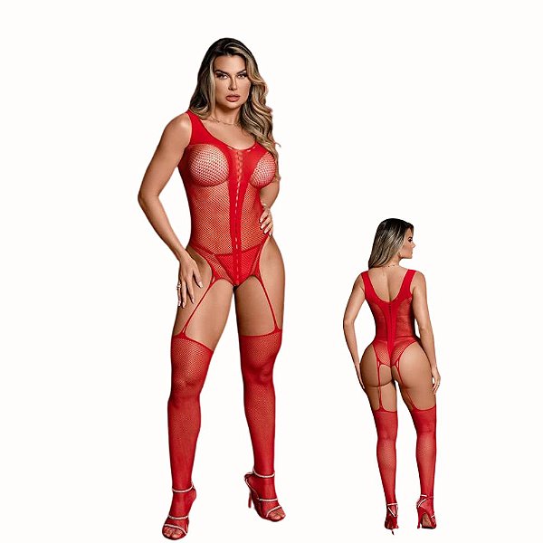 Macacão Bodystocking Arrastão Vermelho com Efeito Cinta-Liga + Calcinha