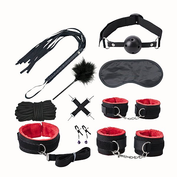 Kit Bondage Completo 10 Peças com Algemas, Mordaça e Chicote