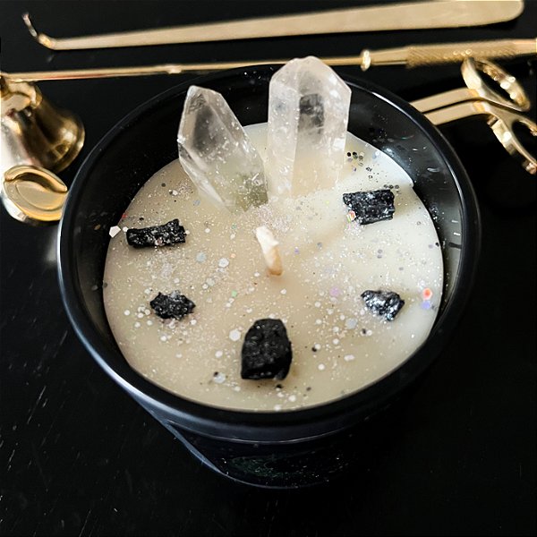 Vela Aromática Lua 150g- Cristal e Turmalina Negra  100% Cera Vegetal