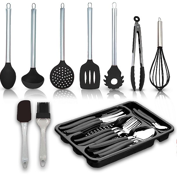 Kit Silicone com Cabo Inox 10 Utensílios de Cozinha