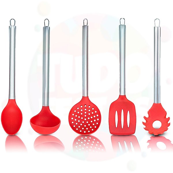 Jogo Kit de Cozinha 5 Pçs de Silicone com Cabo Inox